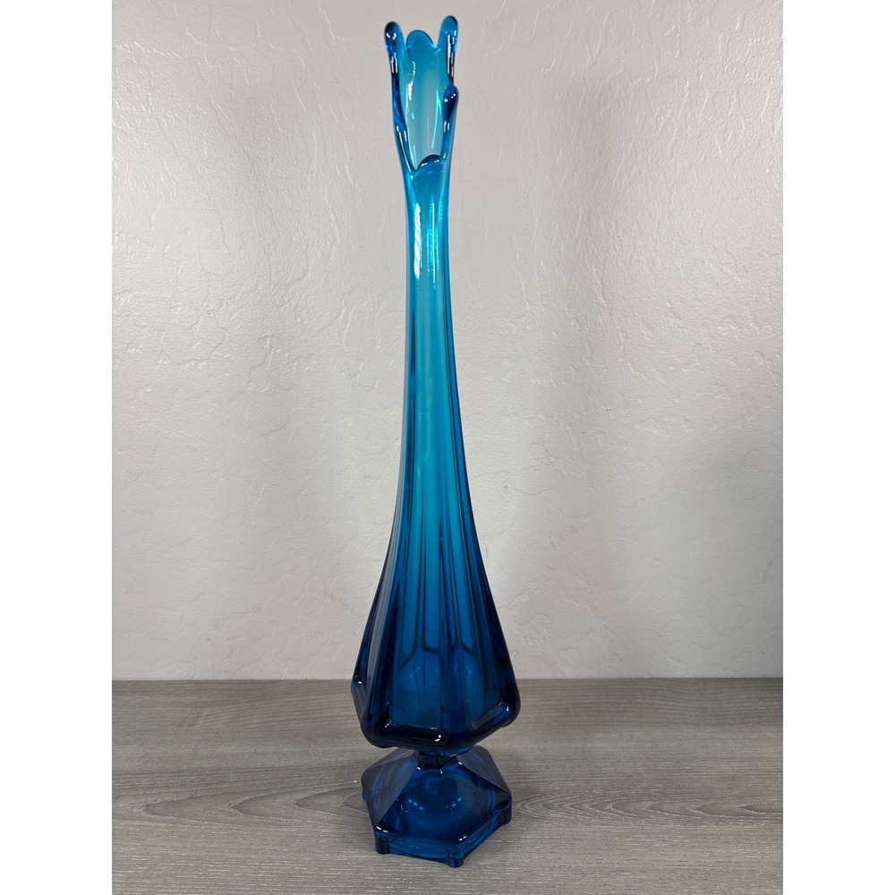 Viking Glass Epic Six Petal Swung Vase Blue Mid Century Modern Art Glass 18 inch